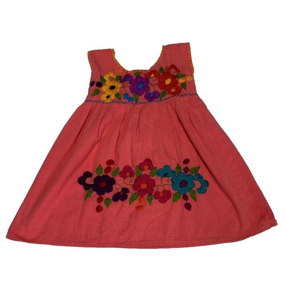 Little Girl Handmade Mexican Dress Embroidered Flowers No Tags Coral/Orange